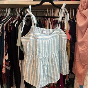 Tie shoulder striped smocked babydoll swing blouse